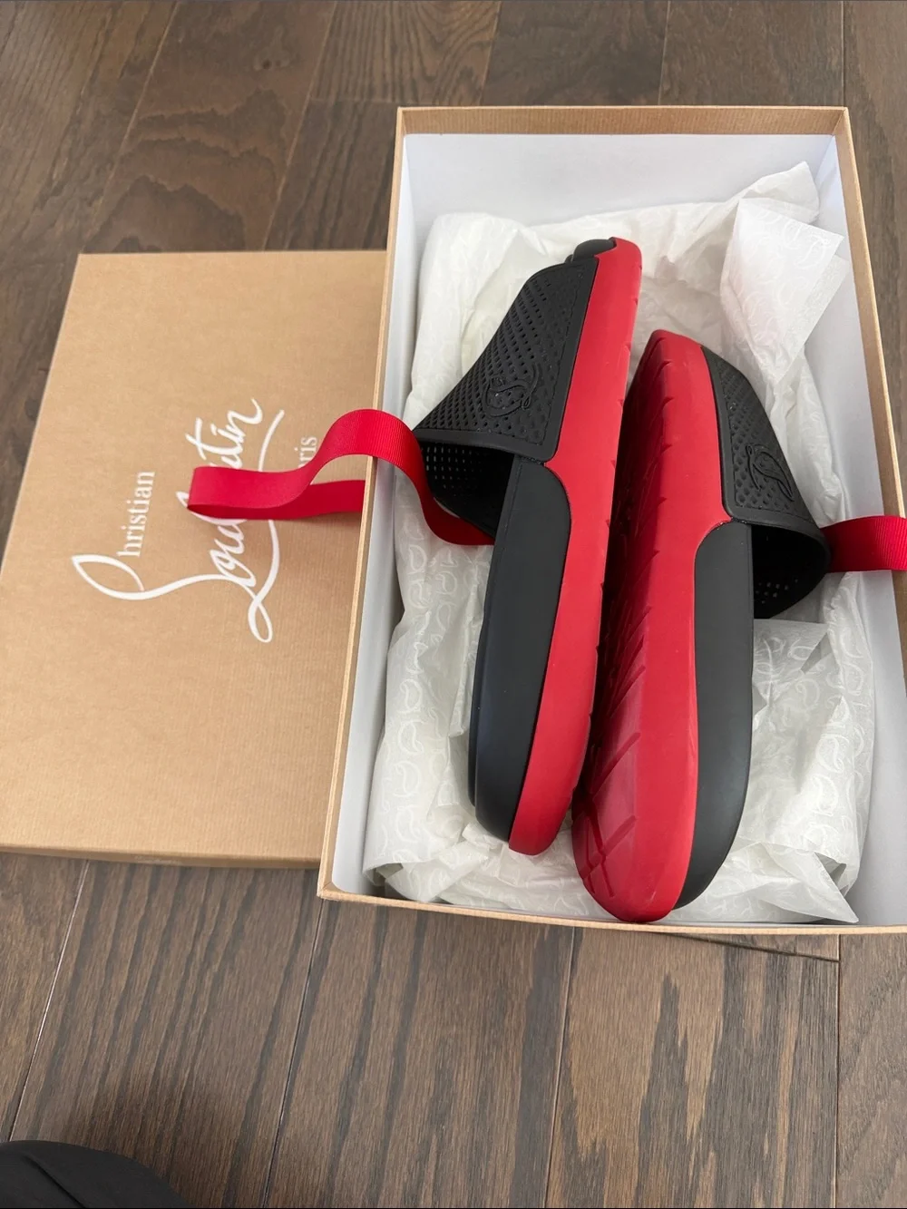 Men's Black Slide Sandals with Red Trim Christian Louboutin New beach slides